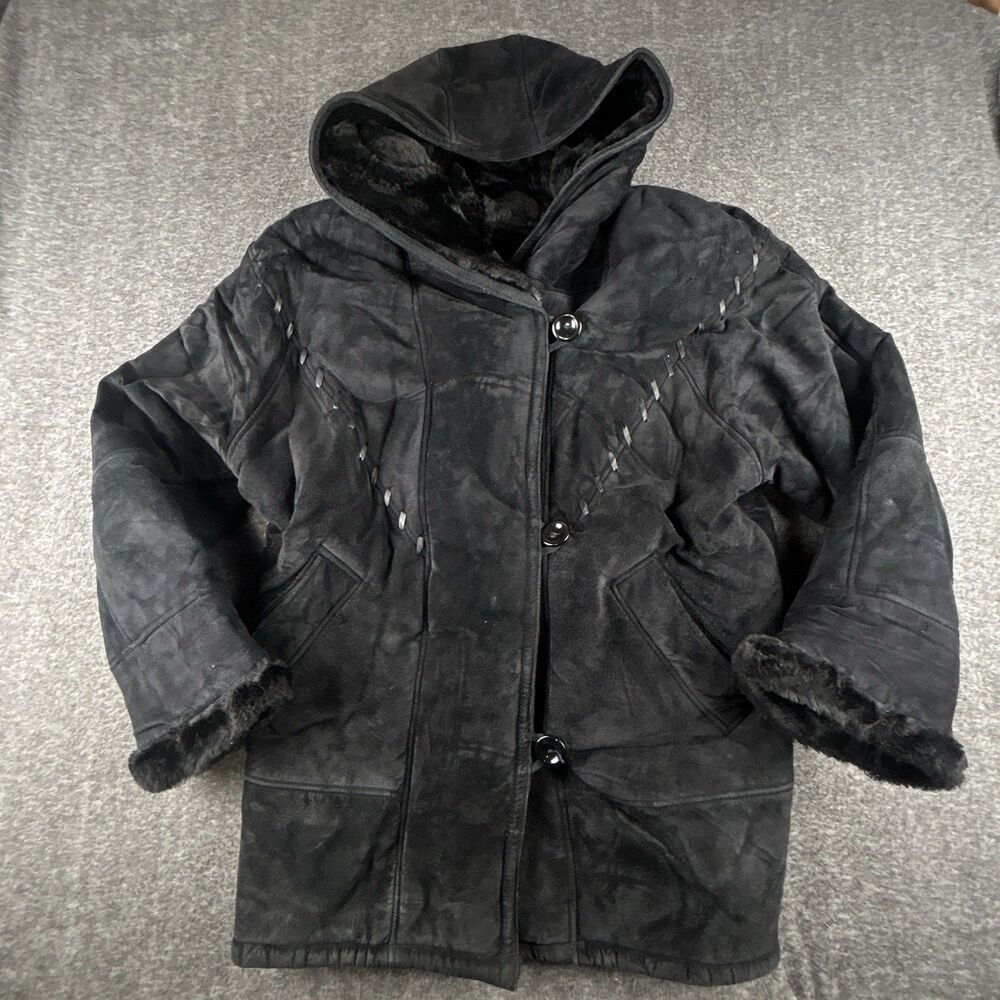 Gallery Genuine Suede Leather Coat Womens Sz M Black Faux Fur Lining & Trim Warm